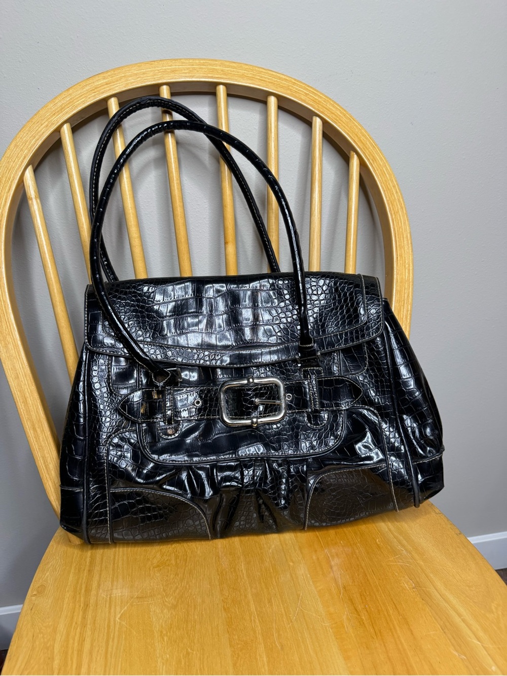 Buckle Black Croc-Embossed Shoulder Bag